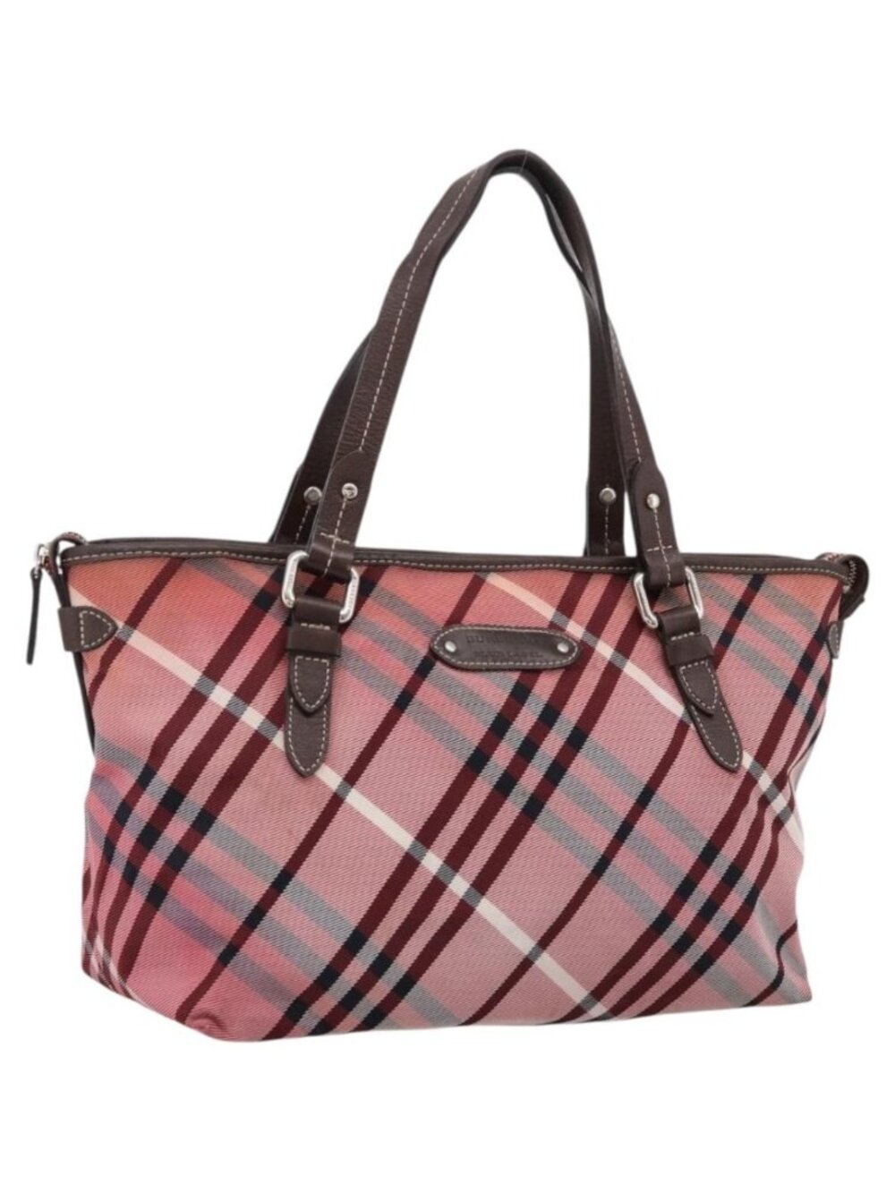 BURBERRY Nova Check Blue Label Tote Bag Canvas Red Silver